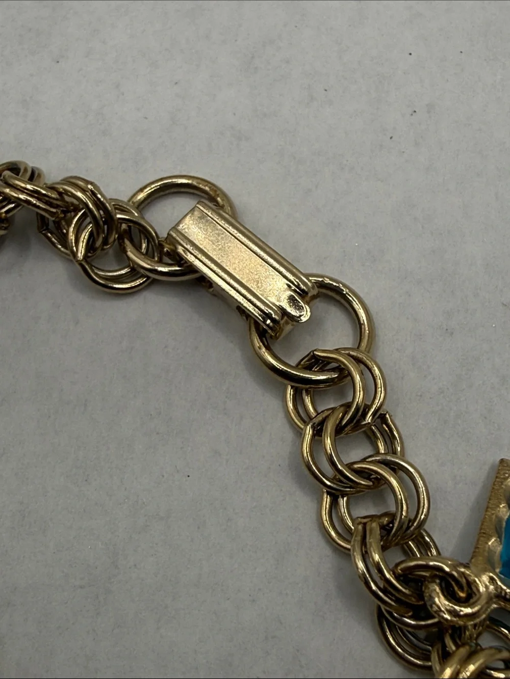 Whimsy Gold-Tone Charm Bracelet with Aqua Beads and Purple Teardrops lock & key